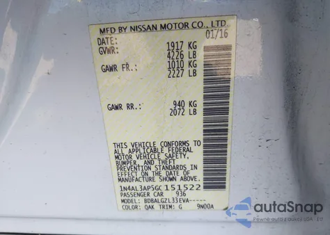 2016 Nissan Altima 2.5/2.5 S/2.5 Sl/2.5 Sr/2.5 Sv z USA, uszkodzony, nr VIN 1N4AL3AP5GC151522